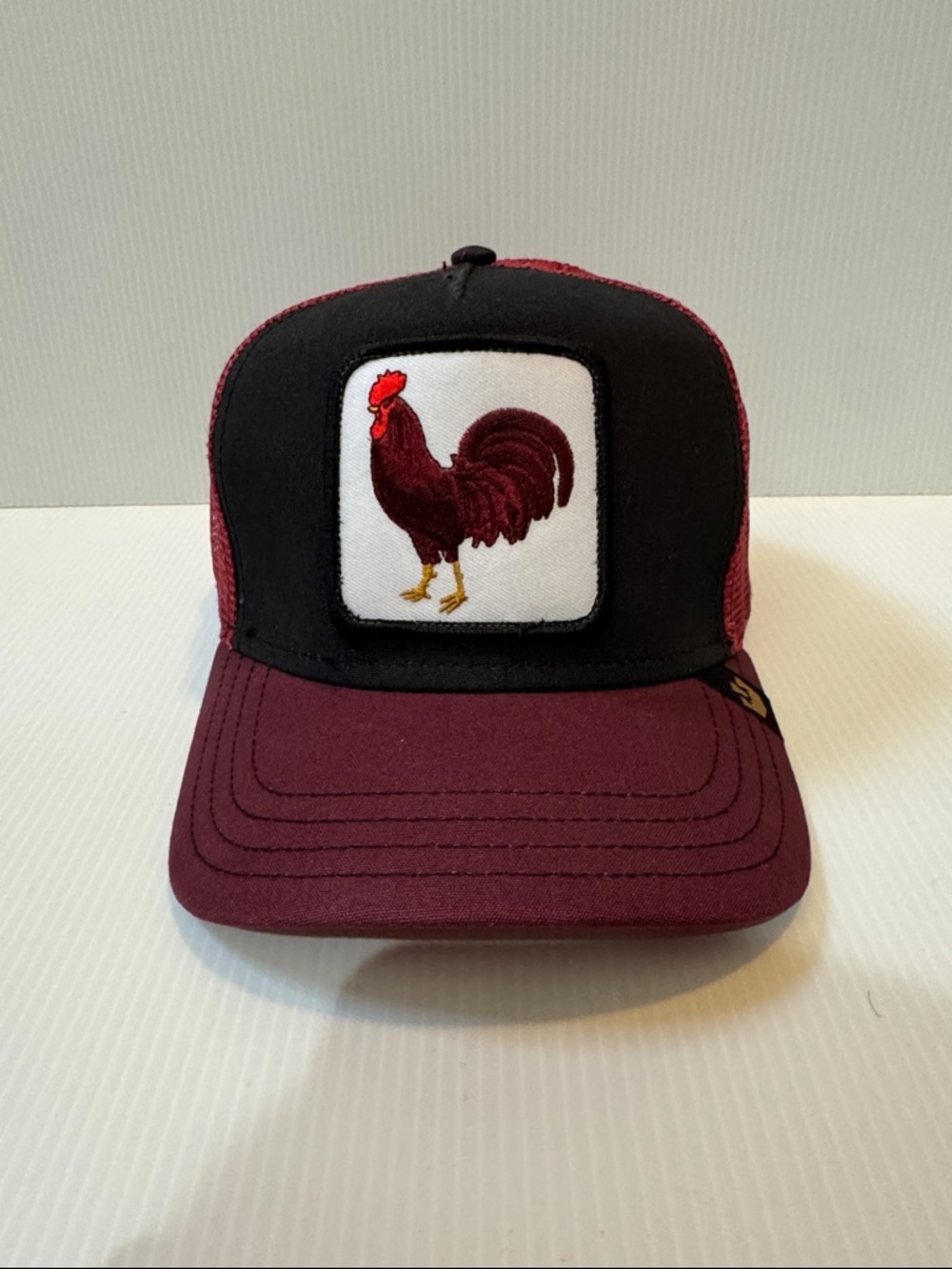 Embroidered Rooster Patch Trucker Cap - Black + Burgundy